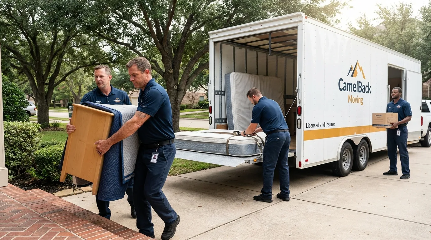 Crew loading residential truck for cross-state move from San Leandro, CA