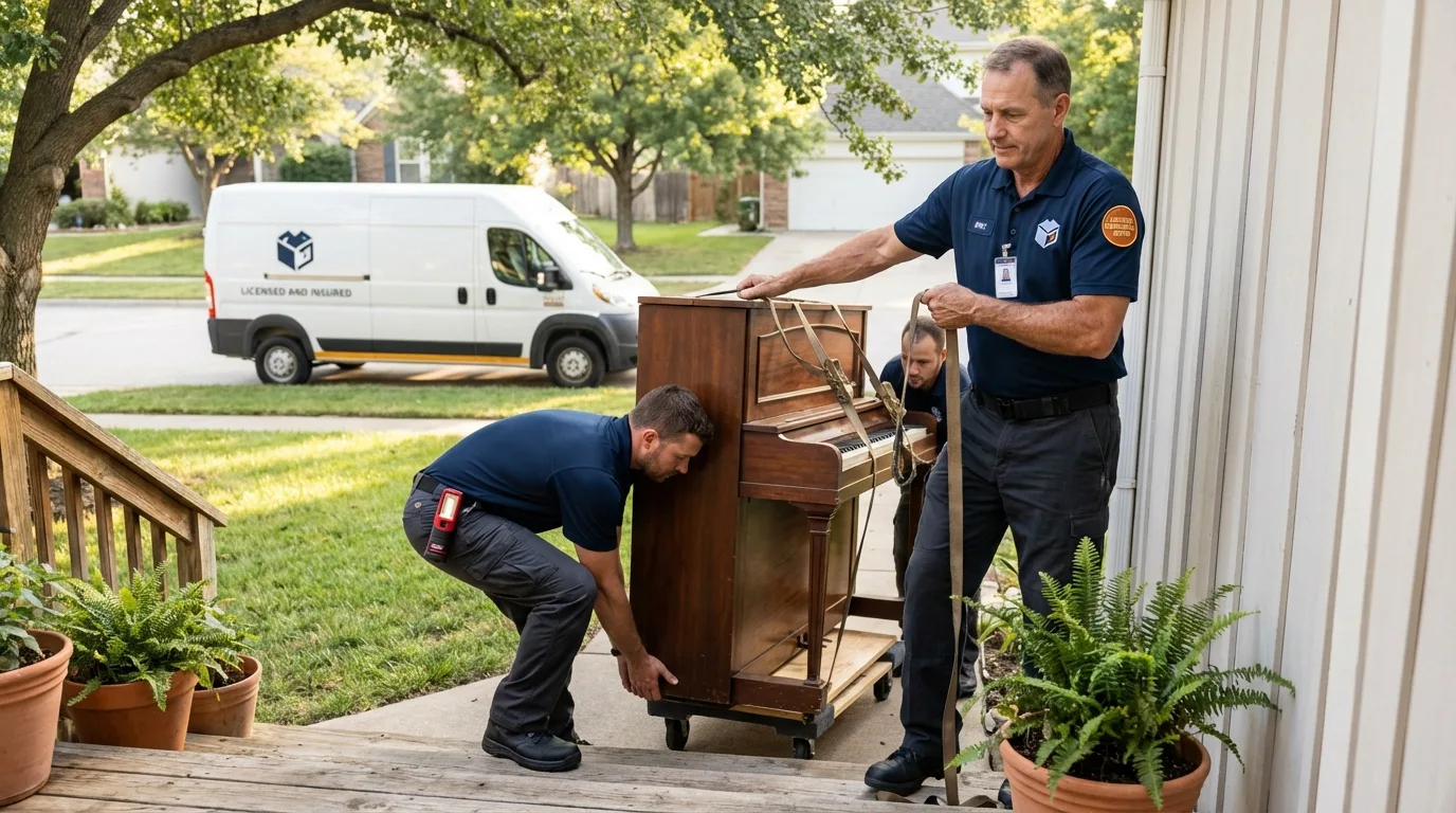 Licensed piano movers securing grand piano in San Leandro, CA
