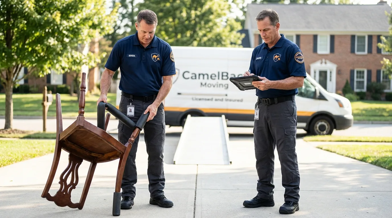 Movers inspecting furniture for damage prevention before loading in San Leandro, CA