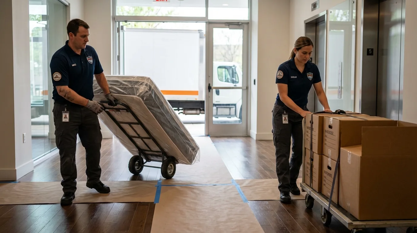 Professional apartment movers loading elevator in San Leandro, CA
